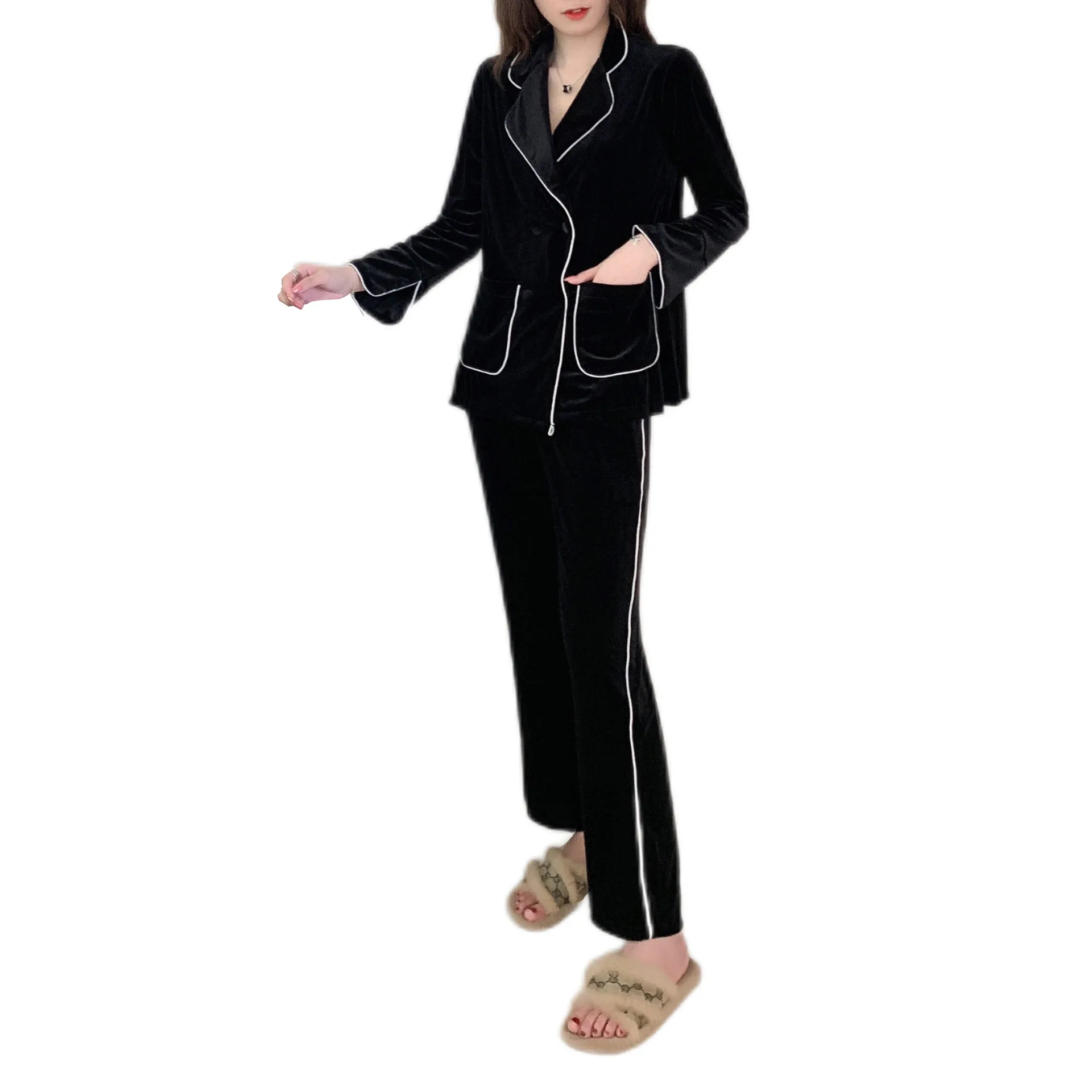 Autumn Winter Women 2PCS Pajamas Set Fashion Velvet Sleepwear Trouser Suits with Pockets Loose Velour Home Clothes Lounge Wear