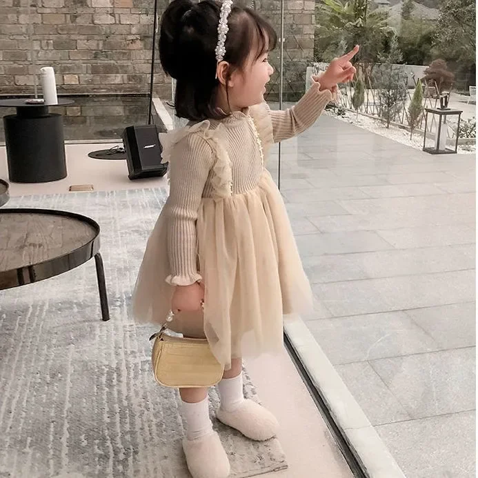 Girls Autumn Sweater Dress 2023 New Style Knitted Skirt Children Baby Long-sleeved Princess Dress Girl Dress Winter Dress