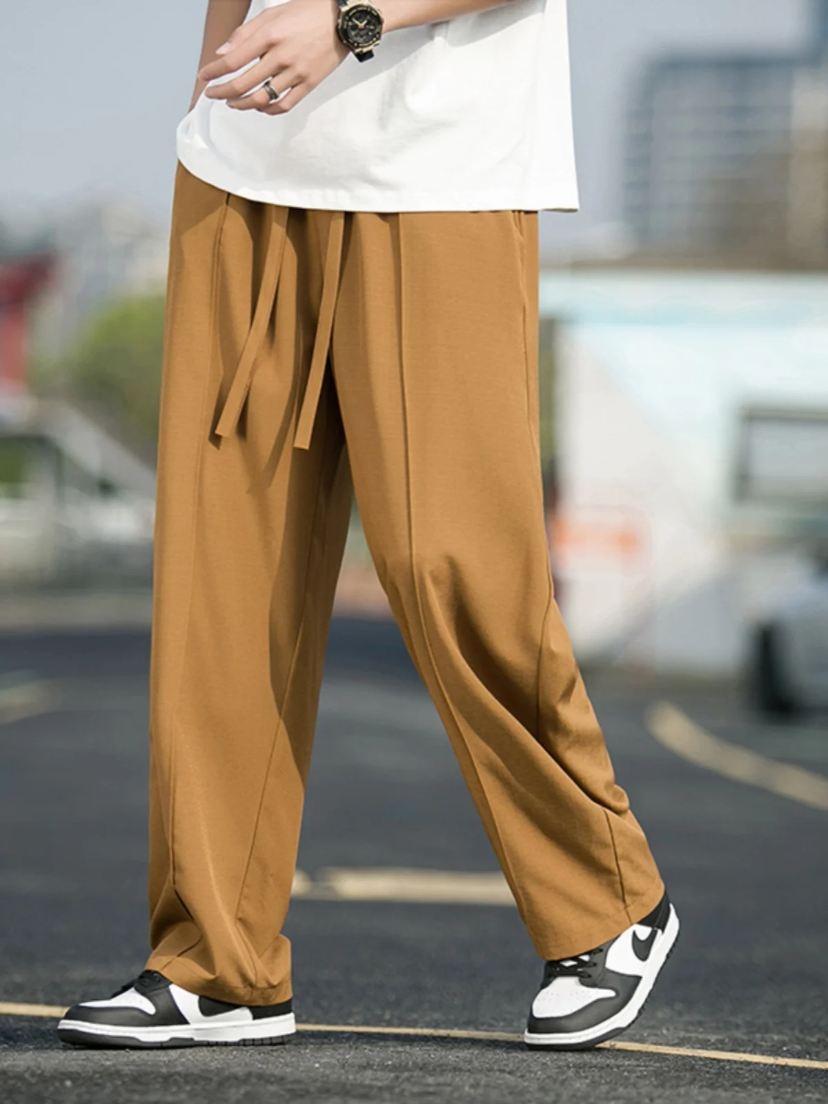 

Ice Silk Men's Summer Thin Wide Leg Pants Extra Large Size Floor Length Casual Trousers Loose Fit Straight Leg Breathable