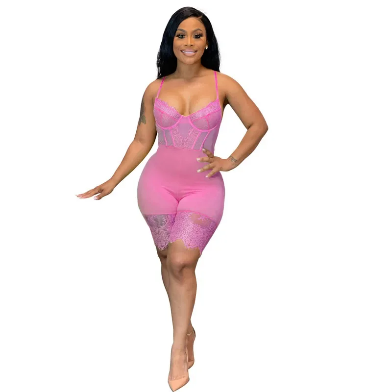 Verão feminino macacão extra pequeno macacões sexy rendas playsuits macacão magro com decote em v sem costas bodysuits