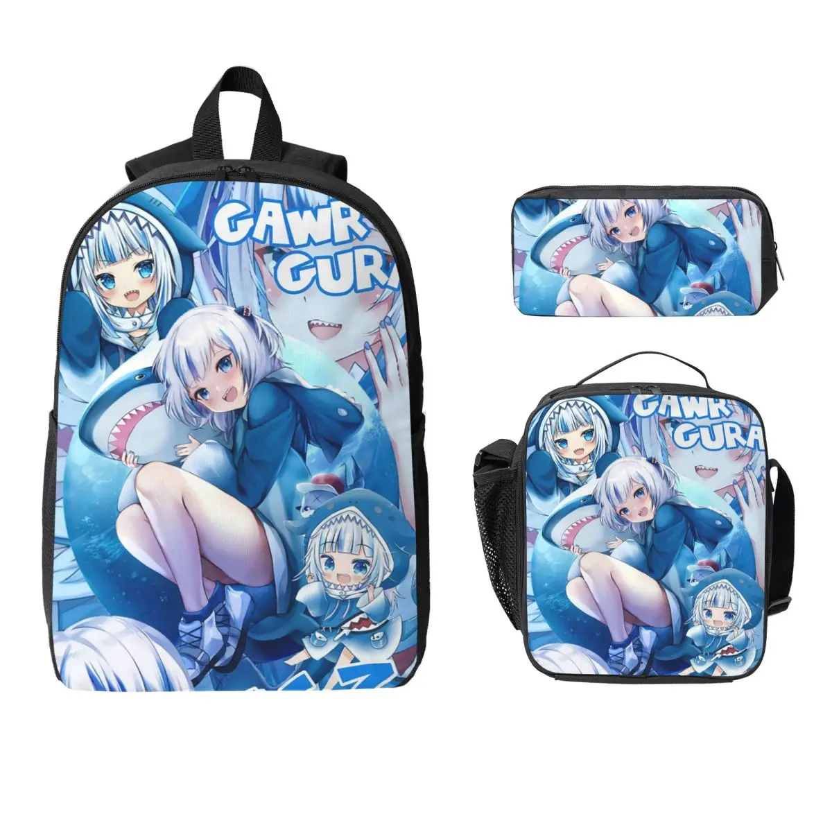 

Cartoon Hololive Gawr Gura Backpack Boys Girls BookBag School Bag Computer Shoulder Bags 3ps Insulated Lunch Bag Pencil Case