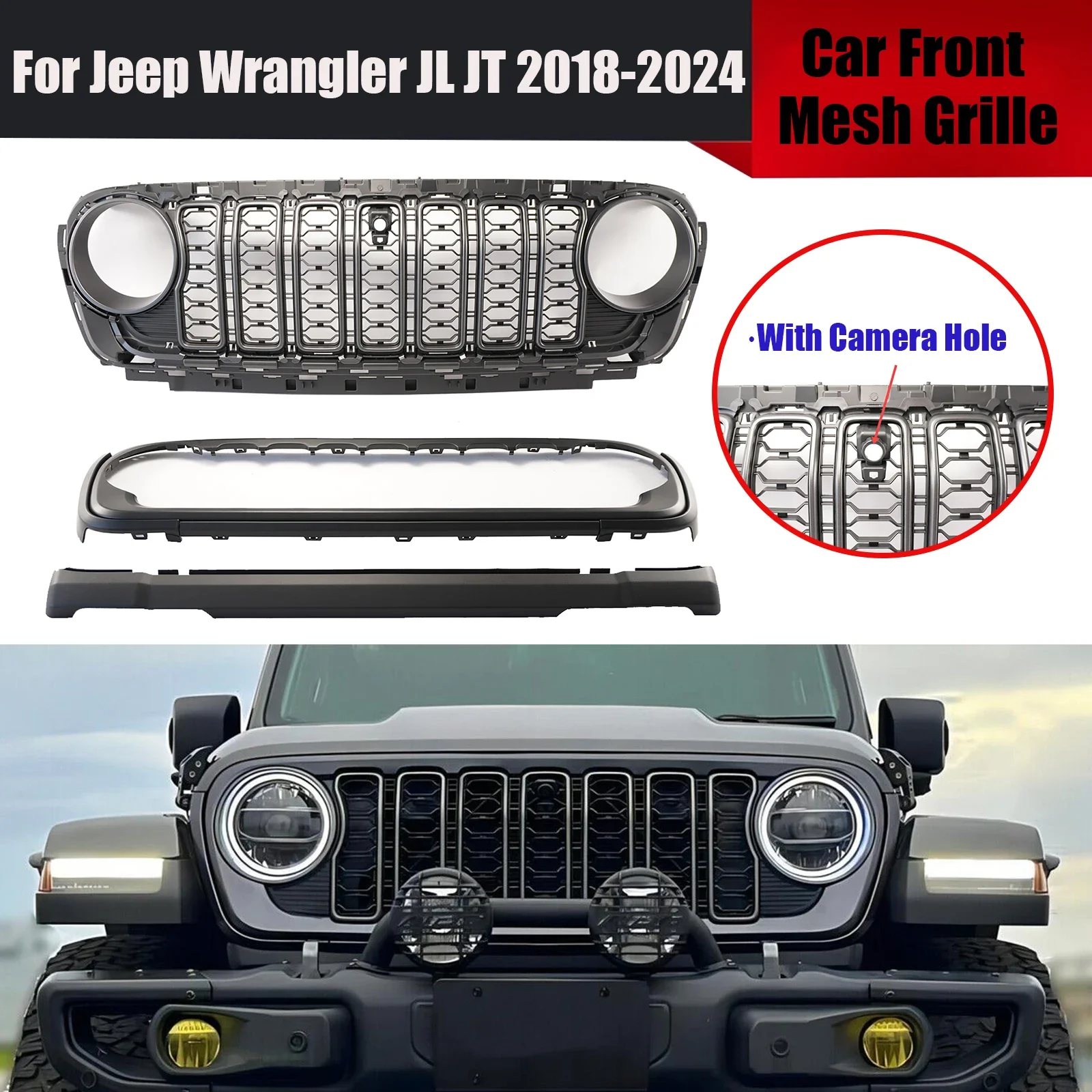 Car Front Mesh Grille For Jeep Wrangler JL JT 2018-2024 Body Kit With Camera Hole Exterior Accessories Matte Black/Silver