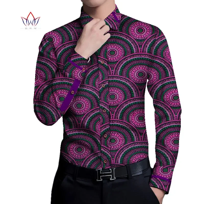 Bintarealwax African Shirt for Men Dashiki Long Sleeve Plus Size African Clothes Patchwork Casual Style Men Shirt WYN937