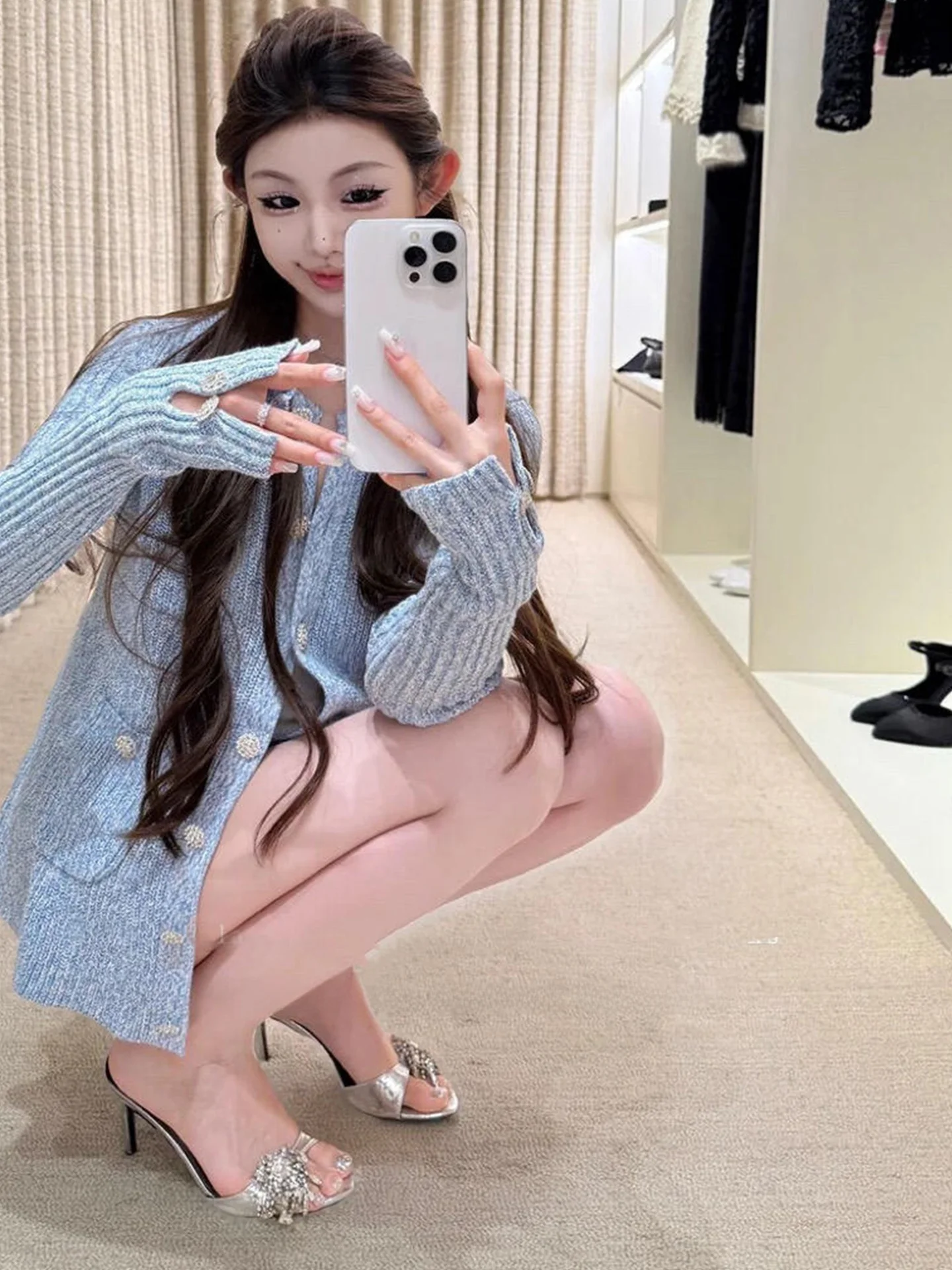 Luxury Style Women's Knitted Long Sleeve Sweater Coat Blue Heavy Work Miu Series Autumn Fashion High Quality Button up Cardigan