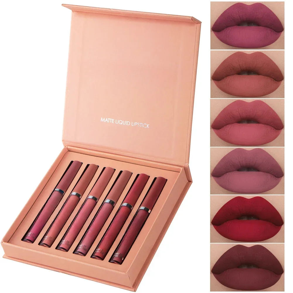 6 Stuks Set Anti-Aanbakbeker Vloeibare Lippenstift Langdurige Lipgloss Geschenkdoos Matte Afwerking Lipgloss Bestand Tegen Vervagende Make-Up Lippenstift