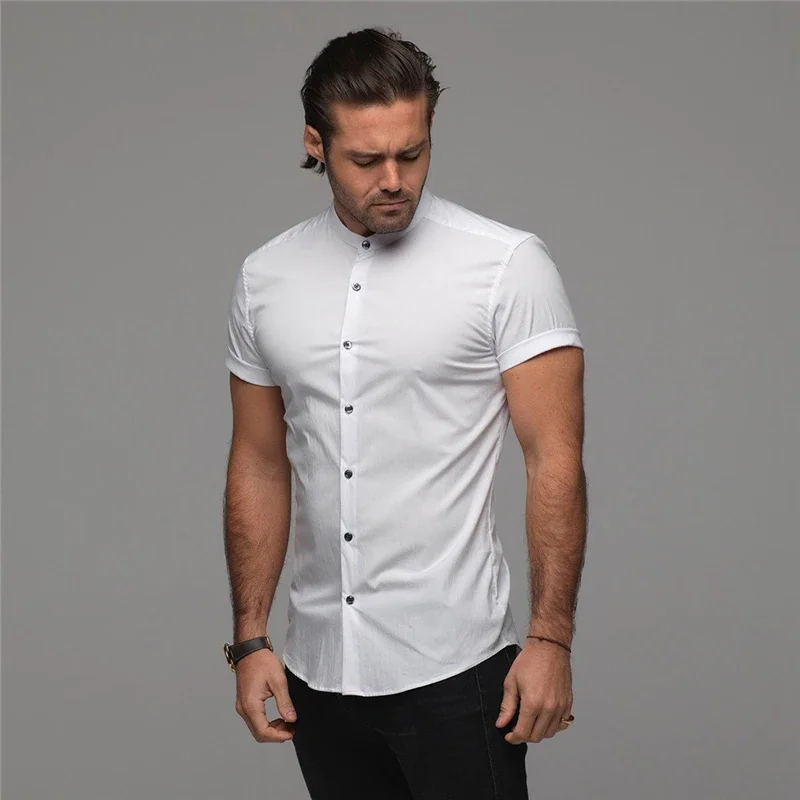 Mens Short Sleeve Shirt Summer Plain Slim Fit Dress Shirts Fitness Men Gym Clothing Fashion Casual Social Stand Business Shirts