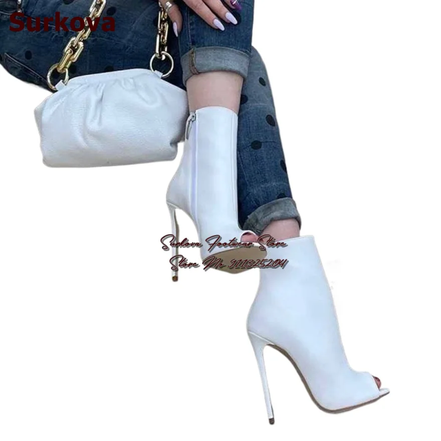 Surkova White Matte Leather Stiletto Heels Ankle Boots Open Toe Zipped Elegant Short Booties Sky High Heel Dress Pumps