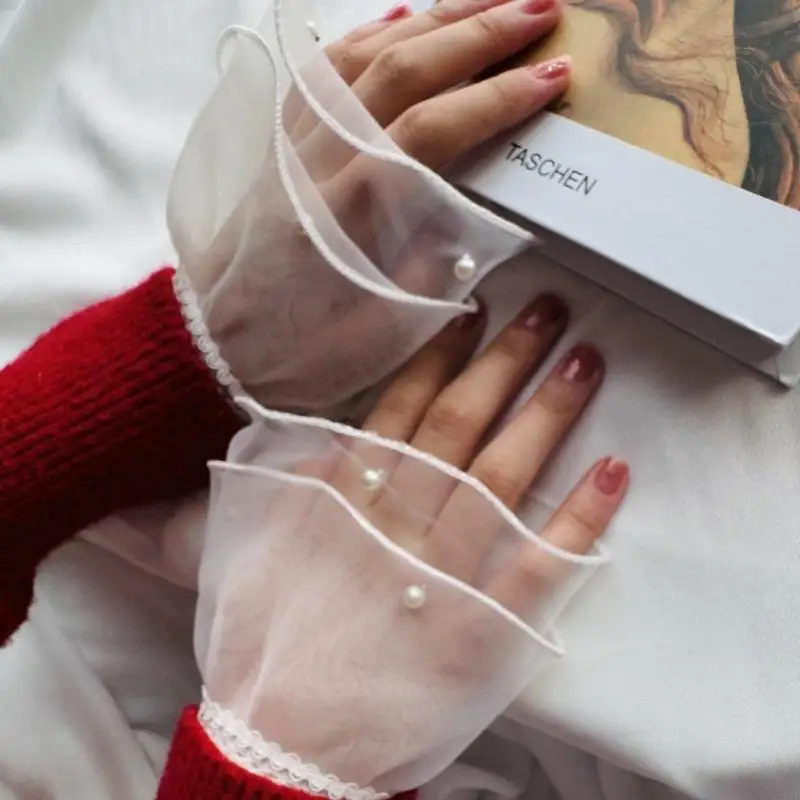 

2025 Новые изготовленные из ручной работы прозрачные кружевные перчатки съемные вытягивающие рукавы жемчужины из бисера.