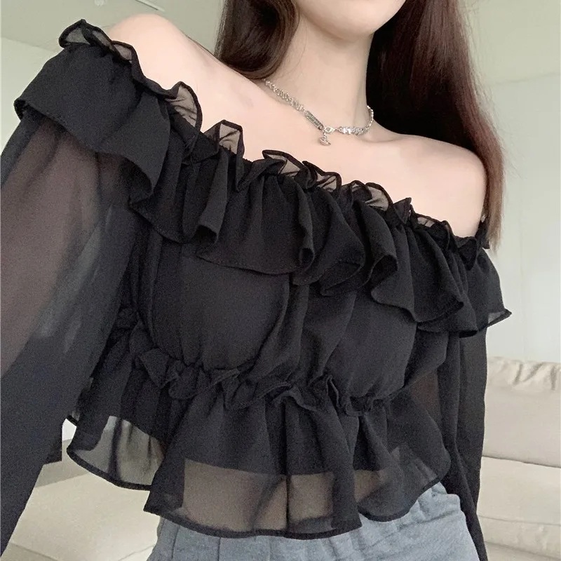 

Spring Autumn Gauze Women's Solid Shirring Ruffles Slash Neck Distressed Petal Long Sleeve Chiffon T-shirt Casual Elegant Tops