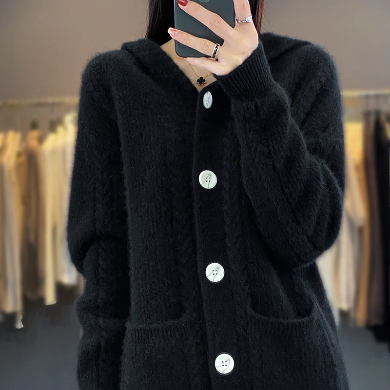 Autumn/Winter Thick Knitted Coat 100% Merino Wool Clothing Top Women\'s Fashion Korean Casual Twisted Hooded Cardigan Warm Jacket