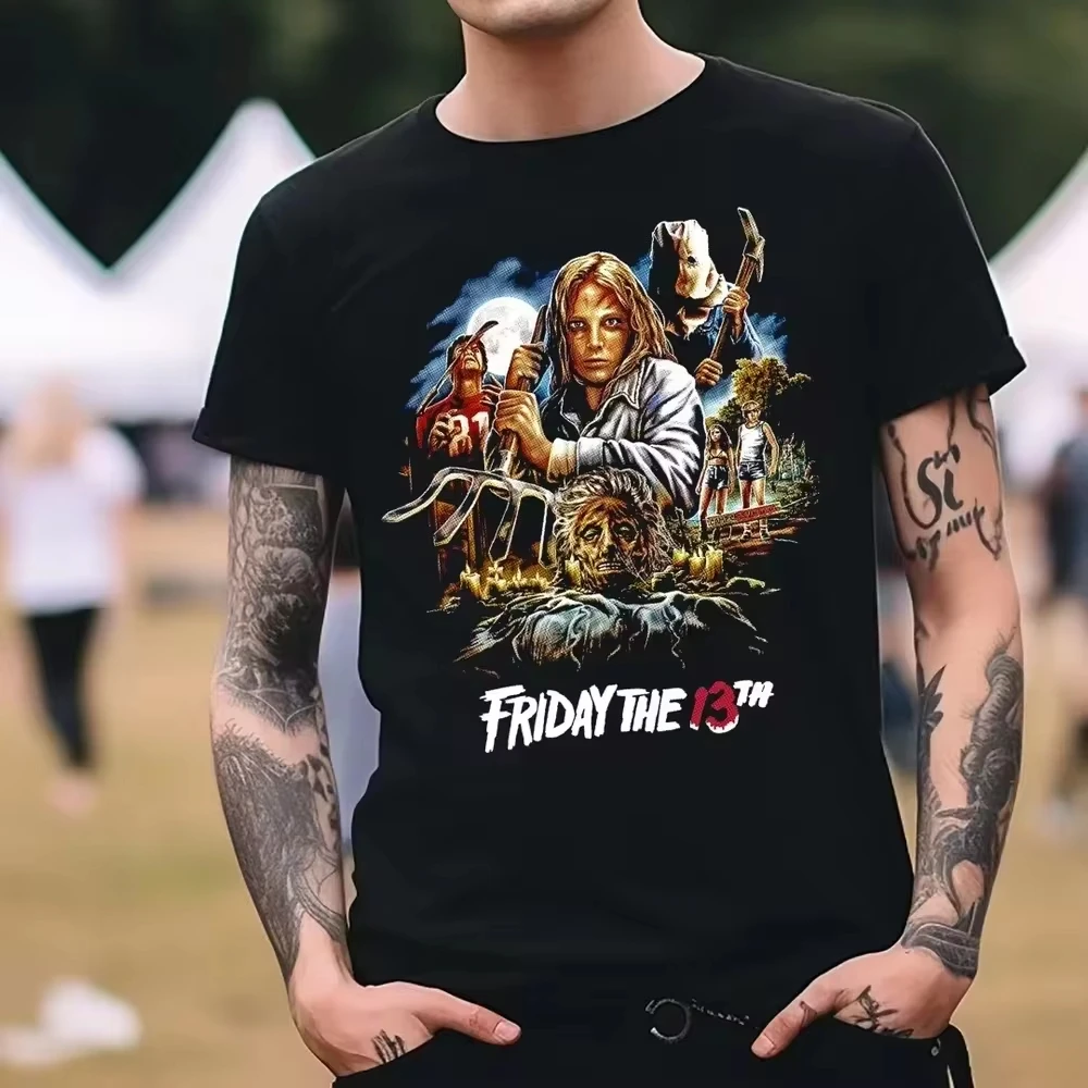 Men's Casual Sports Short Sleeve T-Shirt Summer Cotton Print Friday the 13th Movie Horror Design Black Fitness Running Ball