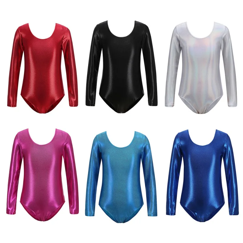 Kids Girls Ballet Dance Leotards Gymnastic Costume Long Sleeve Shinny Metallic Dance Leotard Bodysuit Ballet Training Wear 1-12Y