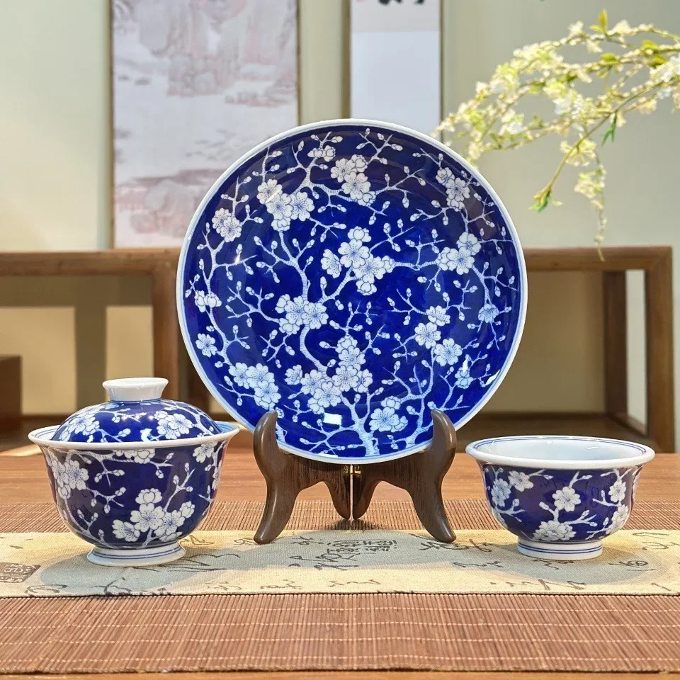 Jingdezhen blue and white porcelain ice plum tea set cover bowl pressure cup pot bearing set master cup teacup high-end