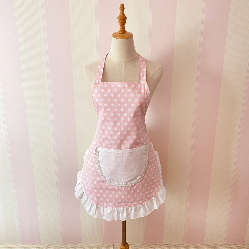 Dell de Cocina Estilo Coreano, Lindo, Rosa con Puntos, de Aodón Puro con Ribete de Encaje, Dell Pequeño de Estilo C...
