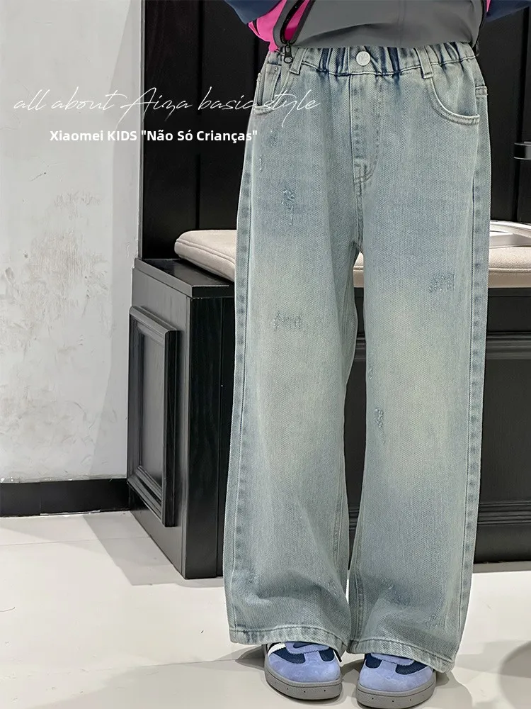 waed-out-straight-leg-jeans-children's-casual-pants-girls-spring-faion-korean-sle-cotton-polyester-blend-kids-jeans