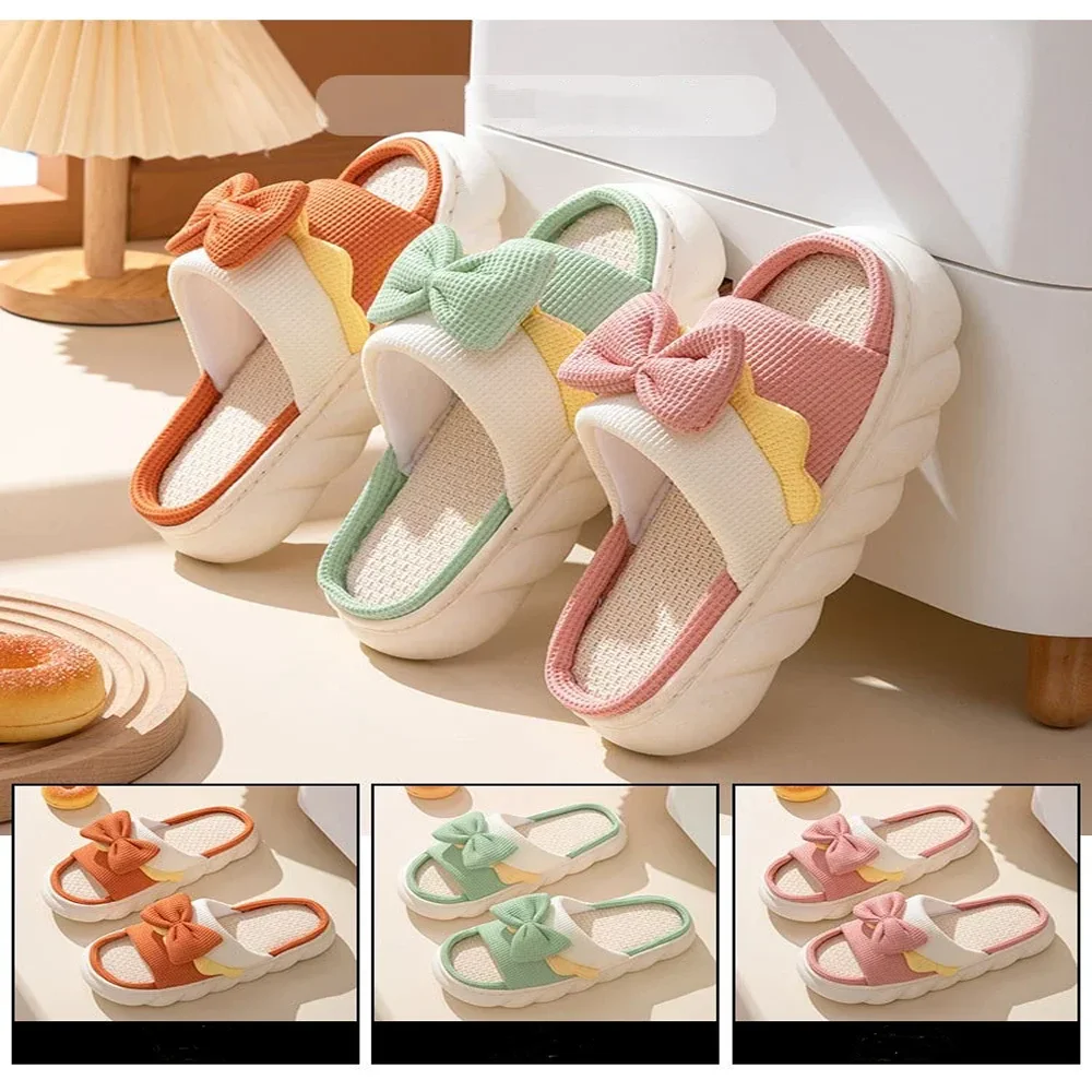 Linen Slippers Women Indoor Slippers Comzy Anti-Slip House Cotton Shoes Cute Bowknot Flat Slipper Couples Slides Spring Summer