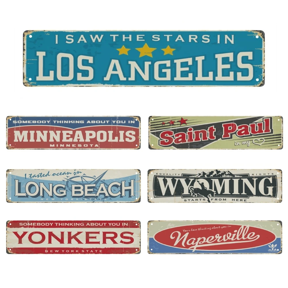 Aluminium Signs LOS ANGELES,CHICAGO Tin Signs Vintage Bar Club Cave Home Kitchen Wall Art Decor Funny Signs Decor 40x10cm