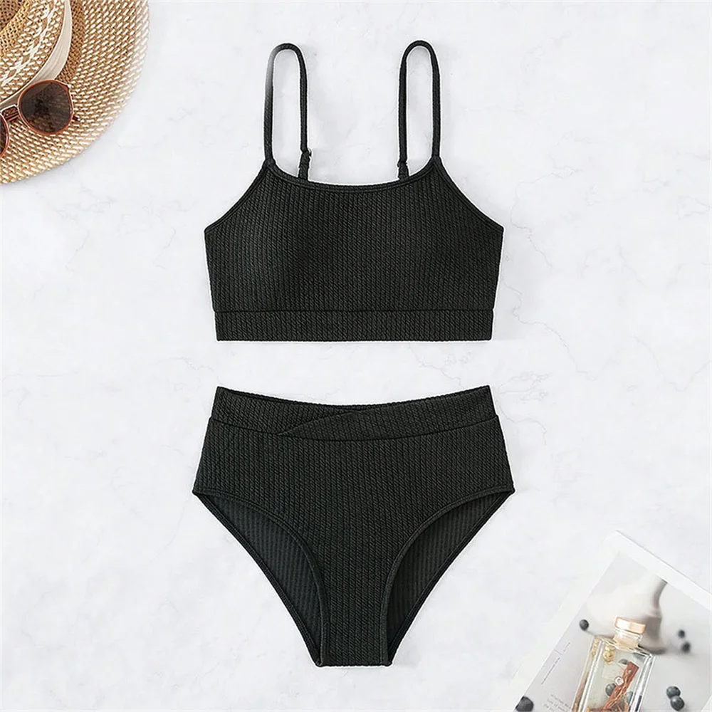 Бикини на бретельках с высокой талией, черный купальник в рубчик, купальник для отпуска, женский купальный костюм, пляжный летний наряд, бикини De Mujer Biquini
