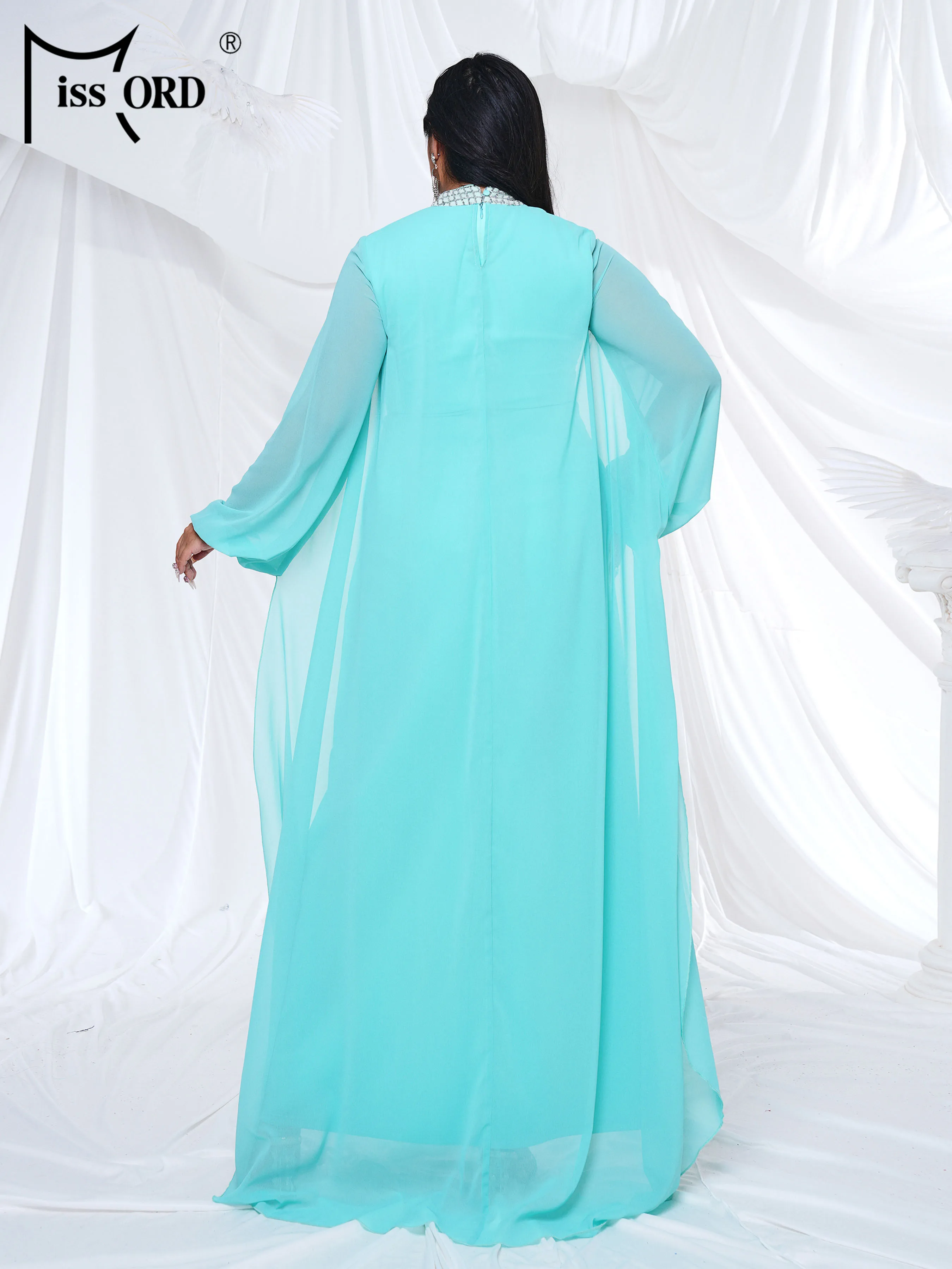 Missord Plus Size New Blue Round Neck Long Sleeved Elegant Evening Gown Wedding Birthday Party Elegant Beautiful Women's Dress