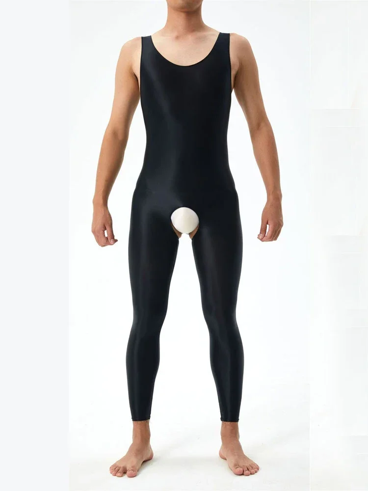 

Sexy Open Crotch Jumpsuit Oil Shiny Glossy High Elastic Bodysuit Sleeveless Tights Exotic Leotard Elegant Night Wear Body Shape