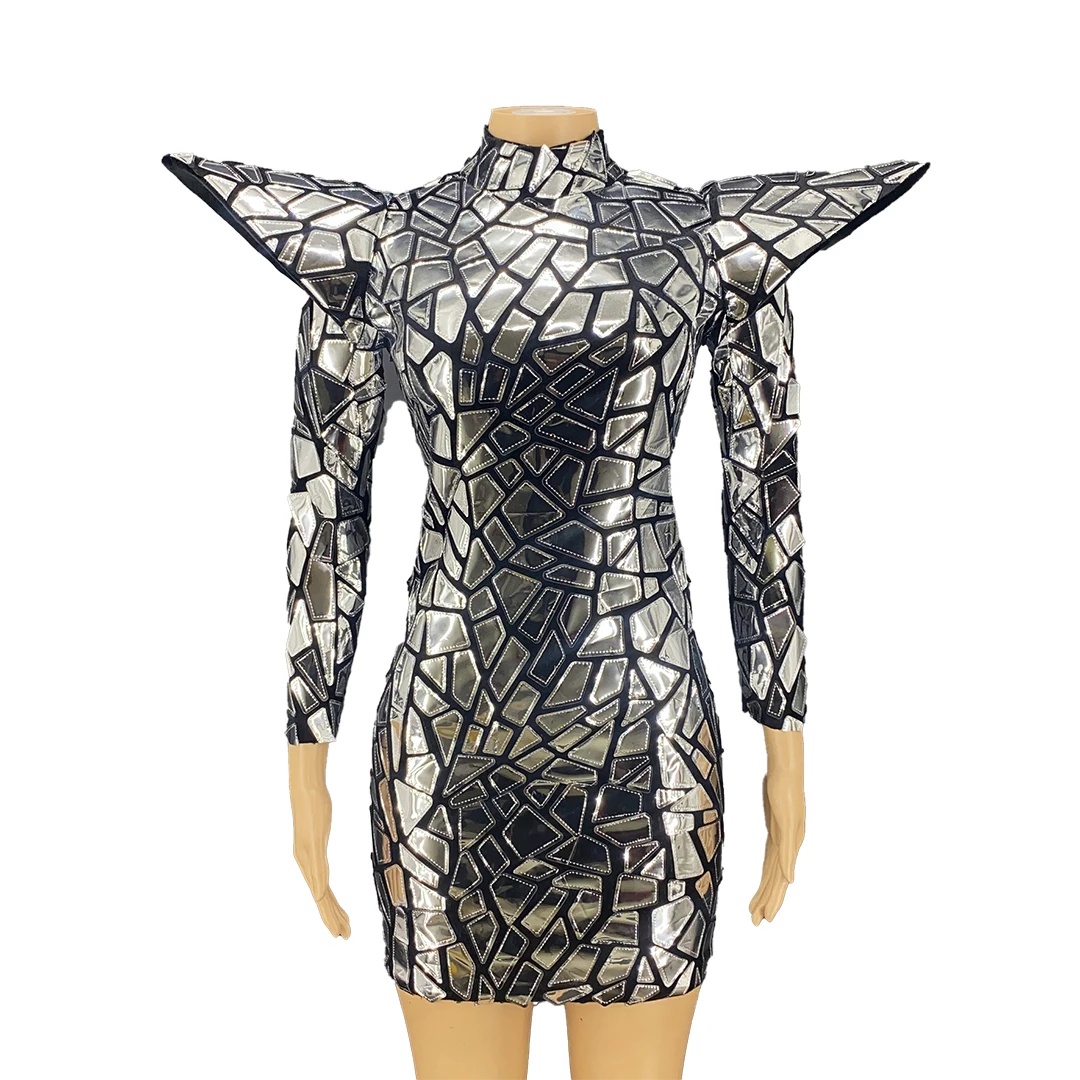 Futuristic Silver Sequins Sharp Shoulder Pad High Neck Long Sleeve Mini Dress Stage Performance Costume Party Wear Kuazhangjian