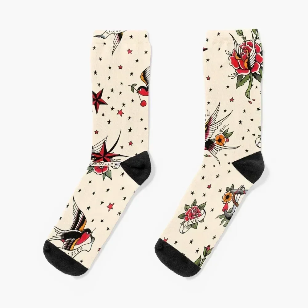 

Tattoo flash pattern N 1 Socks retro floral Luxury Woman Socks Men's