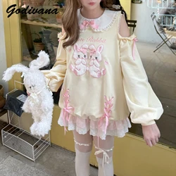 Spring and Autumn Sweet Girls Cute Cartoon Rabbit Hollow Out Shoulder Long Sleeve Sweatshirt Women's Loose Kawaii Pullover Tops