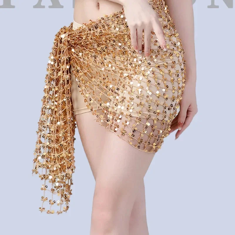 Trendy Hollow Belly Dance Hip Scarf Sexy Dance Sequin Waist Scarf Skirt Latin Dance Large-scale Performance Girl Accessories