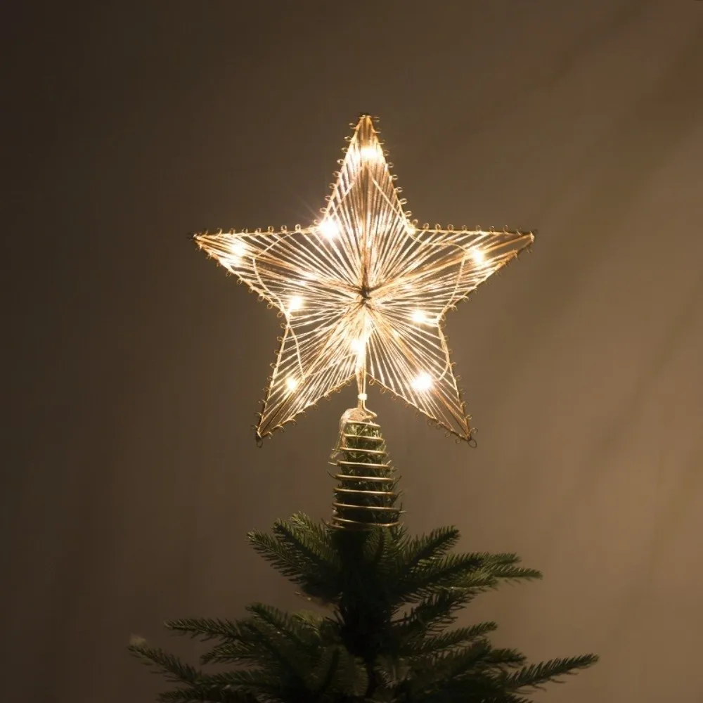 3D Glitter Star Christmas Trees Topper Iron Hollow Snowflakes Xmas Tree Ornament Party Decoration Light Up Glowing Tree Topper
