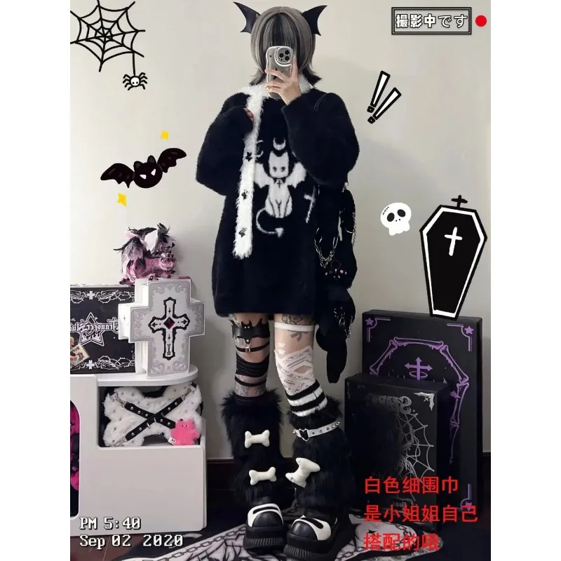 Devil Black Crewneck Sweater Cat Winter 2023 Y2k Clothes Sweater Women New Loose Knit Top Outfit Korean Casual Jumpers