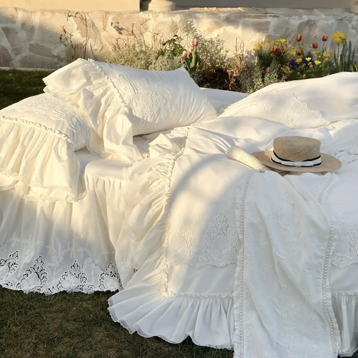 French lotus leaf lace heavy industry lace embroidered bed skirt four-piece set cotton satin long-staple cotton quilt cover bed