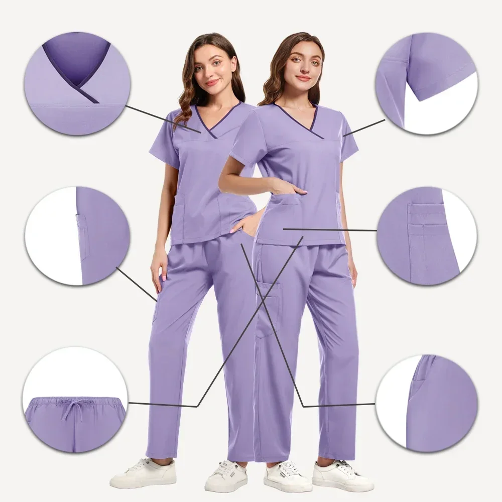 Uniformi mediche dal design unico Set di scrub da donna Top ospedalieri Pantaloni Accessori per infermieri Clinica odontoiatrica Abiti da lavoro per salone di bellezza