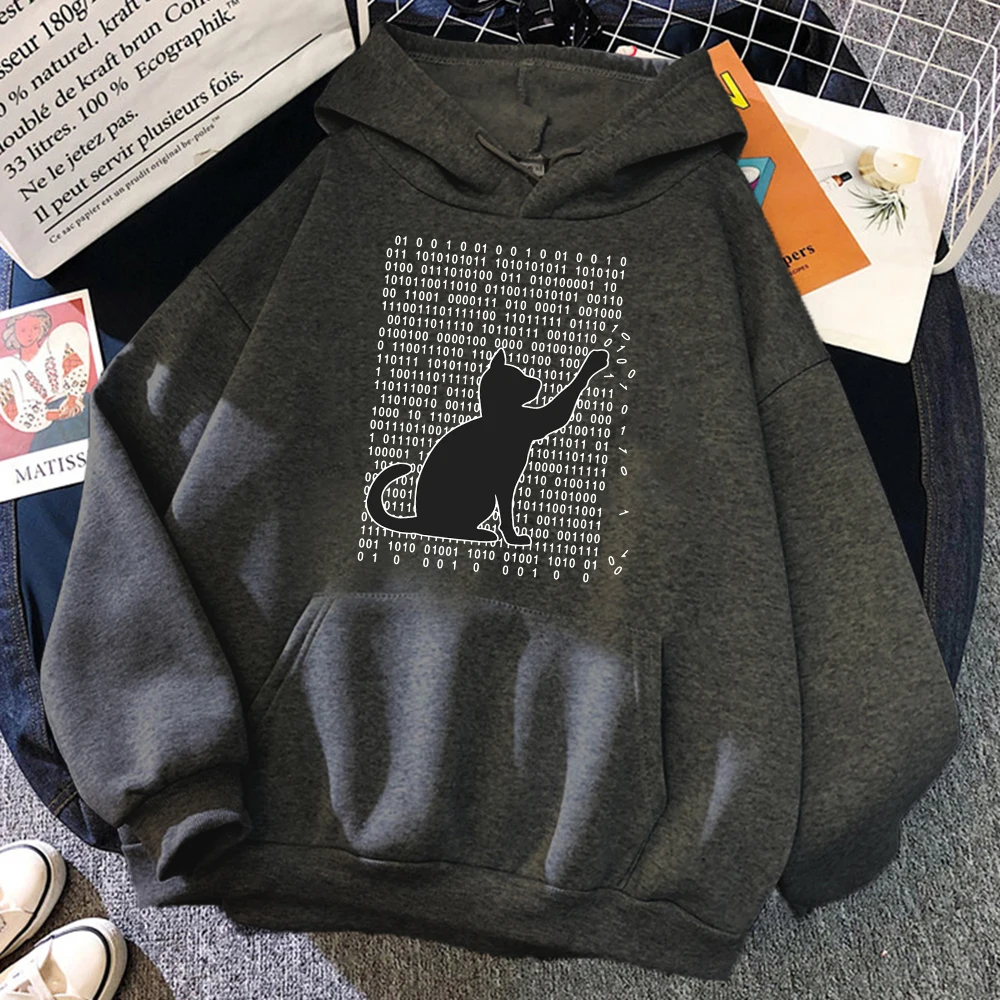 

Funny Cat Is Playing With Binary Code Sweatshirt Men Hip Hop Street Hoodies Crewneck Pocket Clothes Sports Casual Pullovers Man