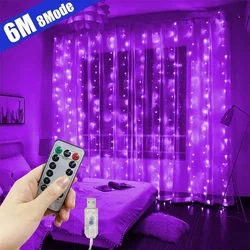 6Mx3M LED Copper Wire Curtain Lights Garland Window USB Power Fairy Remote New Year 2025 Garland Led Lights Christmas Decoration