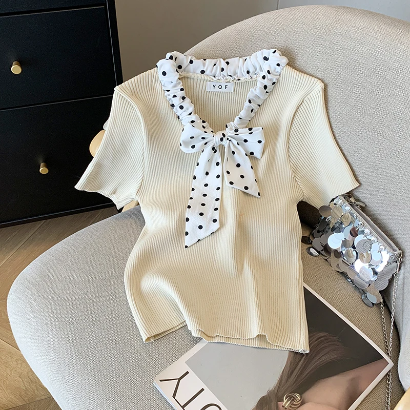 スタイリッシュなボウタイセータートップス女性 2025 夏半袖スリムニット Tシャツニットエレガントな韓国のファッションレディースジャンパー