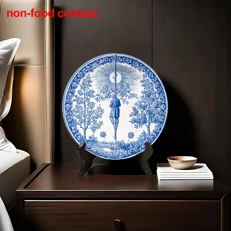 1pc 8-Inch Round Ceramic Hanging Wall Art Plate, Vintage Blue and White Tree and for Man Design, Home Decorative Plate, Perfect