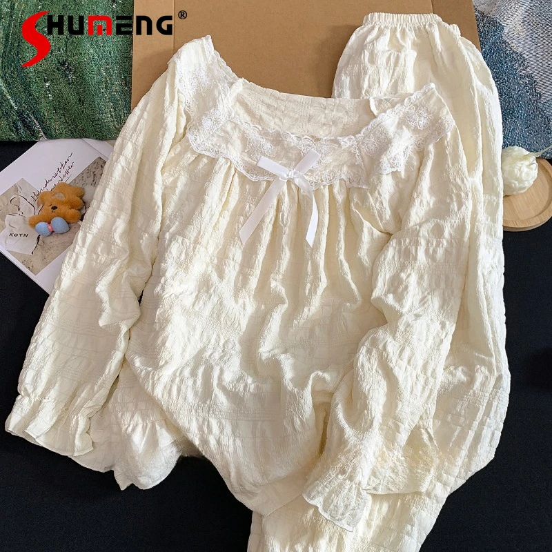 

Palace Style French Cotton Pajamas for Women Spring Autumn Sweet Lace Sleep Set Female Japanese Bowknot Home Wear Suits