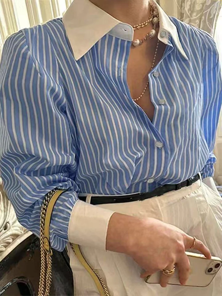 Plus-Size Elegant Striped Shirts, Women's Streetwear, Women's Korean-Style Fashion, Single-Breasted Loose-Fitting Casual Tops