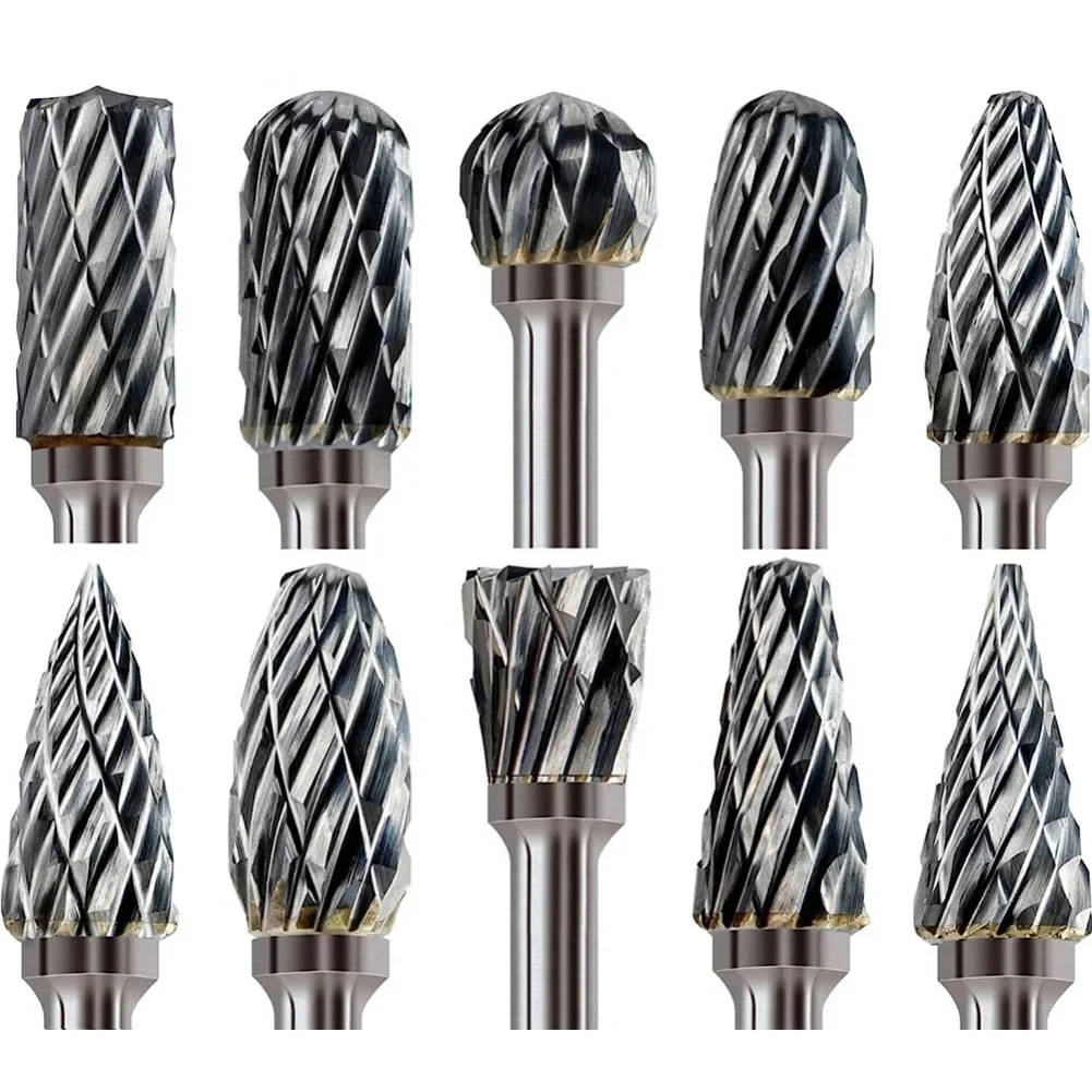 10PCS Rotary Carving Burr Bits Double Diamond Cut for Rotary Tool Rasp Bits Wood Metal Carving Electric Grinding