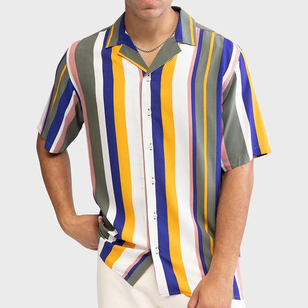 

Зеленая рубашка на пуговицах в вертикальную полоску с коротким рукавом, повседневные свободные мужские рубашки, модная мужская уличная одежда унисекс с графикой
