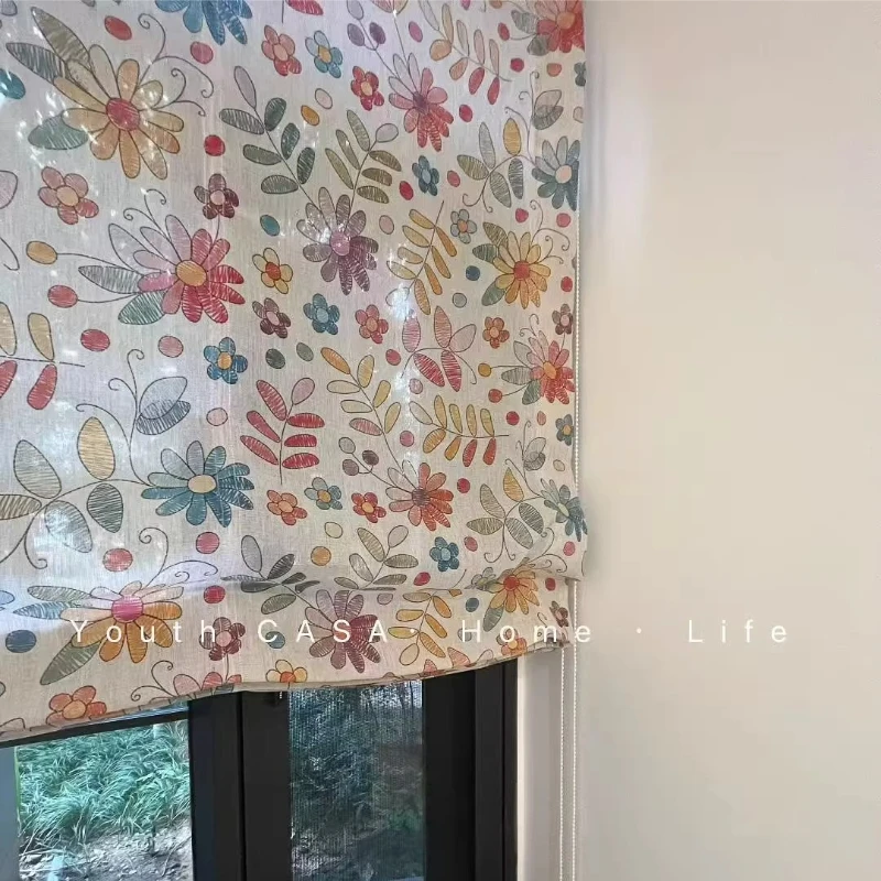Custom Size Children's Light-transparent Gauze Elegant Roman Curtains Pastoral Dopamine Flower Log Cream for Living Room Bedroom