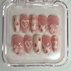 10 Pcs Handmade Press On Nails Advanced French Elegance 3D INS Y2k Pink Bow Medium Almond Fake Nails Design DIY Nails with Set