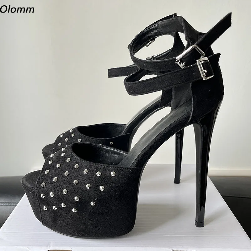 Olomm Handmade Women Platform Sandals Sexy Studded Stiletto High Heels Peep Toe Elegant Black Party Shoes Ladies Size 35 47 52