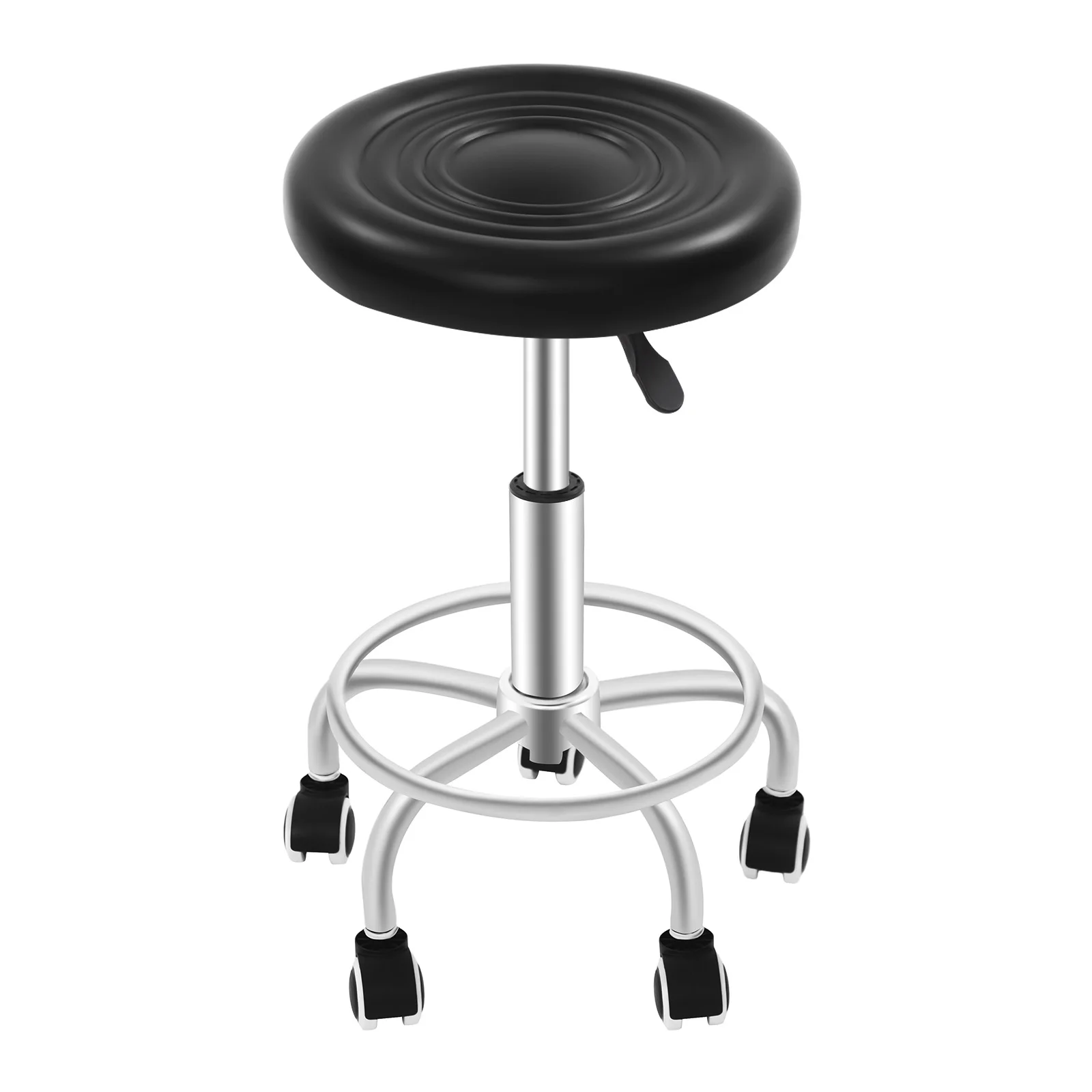 Tabouret pivotant réglable avec 5 roulettes, base en acier galvanisé, siège rond en PVC éponge, hauteur 45-57 cm, tabouret roulant robuste 150 kg pour salon, institut de beauté, garage, clinique, bureau, chambre.
