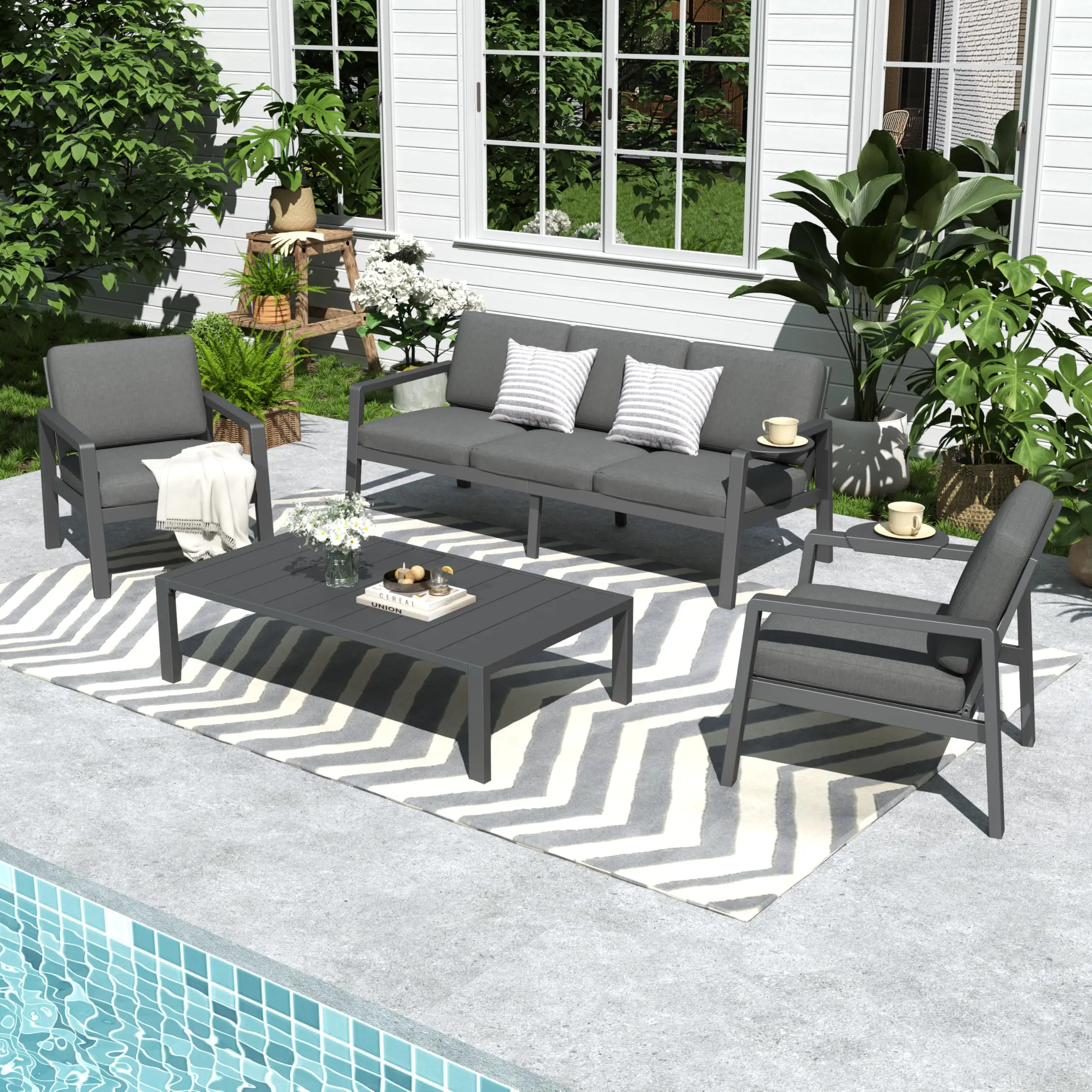 

Promotion in Stock Metal Grey Outdoor Sofa Set Weather Resistance Patio Conversation Set Garden Sofa Set Modern