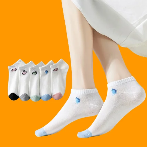 

5/10 Pairs Women Spring and Summer Boat Socks Low-top Cartoon Women's Socks Thin Breathable Casual White Women's Socks