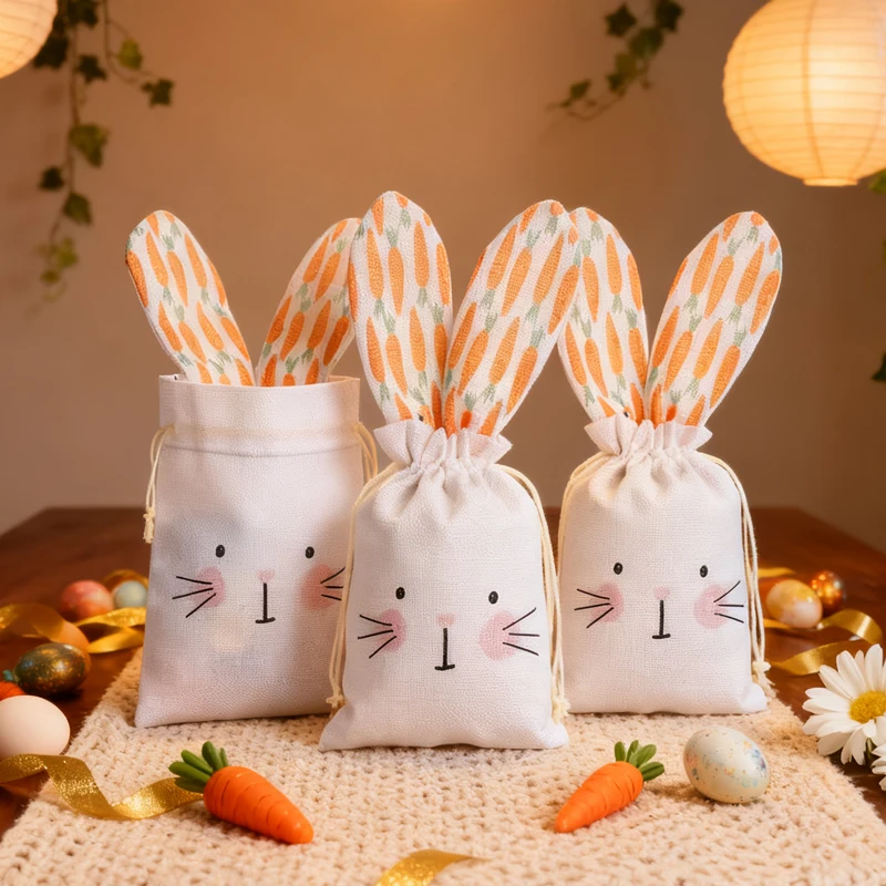 1/3/6 Stück Osterhase Karotte Leinen Geschenktüte mit Kordelzug Süßigkeiten Snack Verpackungsbeutel für Ostern Party Dekoration Kinder Gefälligkeiten