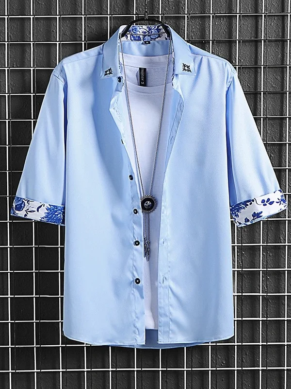 

Men's Ice Silk Seven-Quarter Sve irt Summer No-Ironing Five-Quarter Sve Sli Korean Trendy irt Youth ular