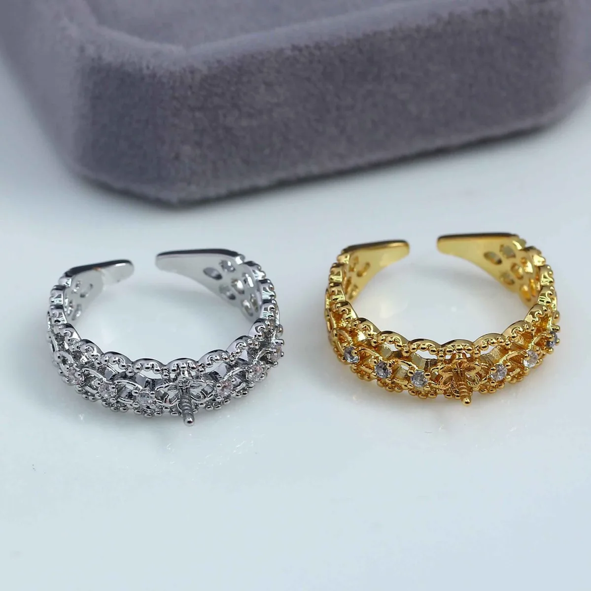 14K Gold Plated Brass Textured Hollow Ring Base Niche Delicate For Women DIY Pearl Jewelry Making
