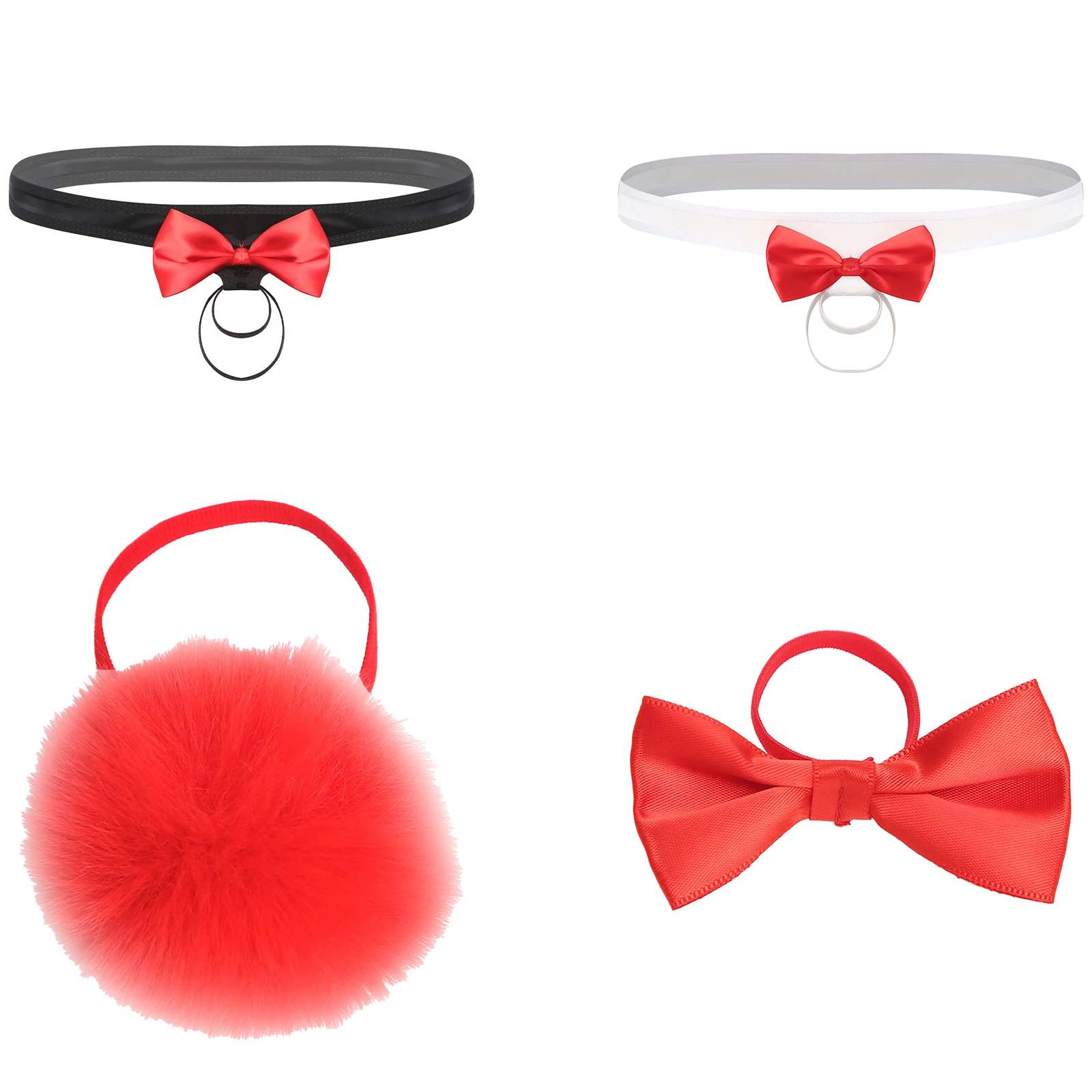 Mens Funny Christmas Underwear Gag Gifts Bow/Pompom Decor Micro Thongs Low Rise O-Rings Mini G-strings Underpants Lingerie
